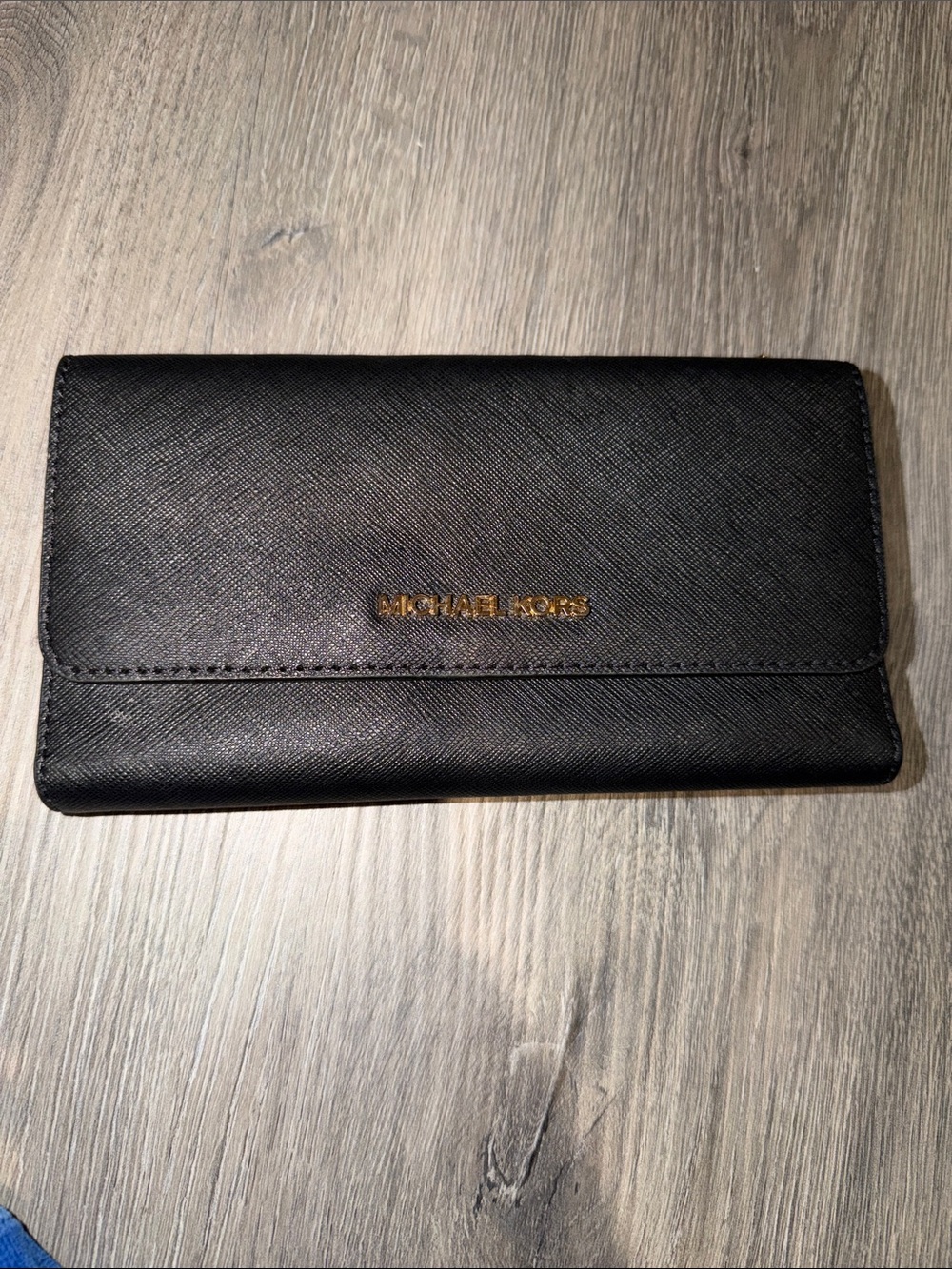 NWOT Michael Kors Black Leather Continental Clutch Wallet with Gold Logo